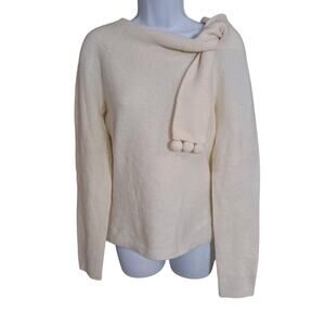 NWT Ann Taylor LOFT Built In Pom Pom Scarf Sweater Sz M Ivory Merino Wool Blend